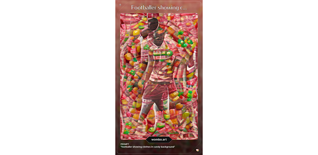Footballer showing clothes in candy background, op basis van AI door Wombo Art