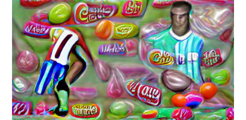 Footballer showing clothes in candy background, op basis van AI door Pixray
