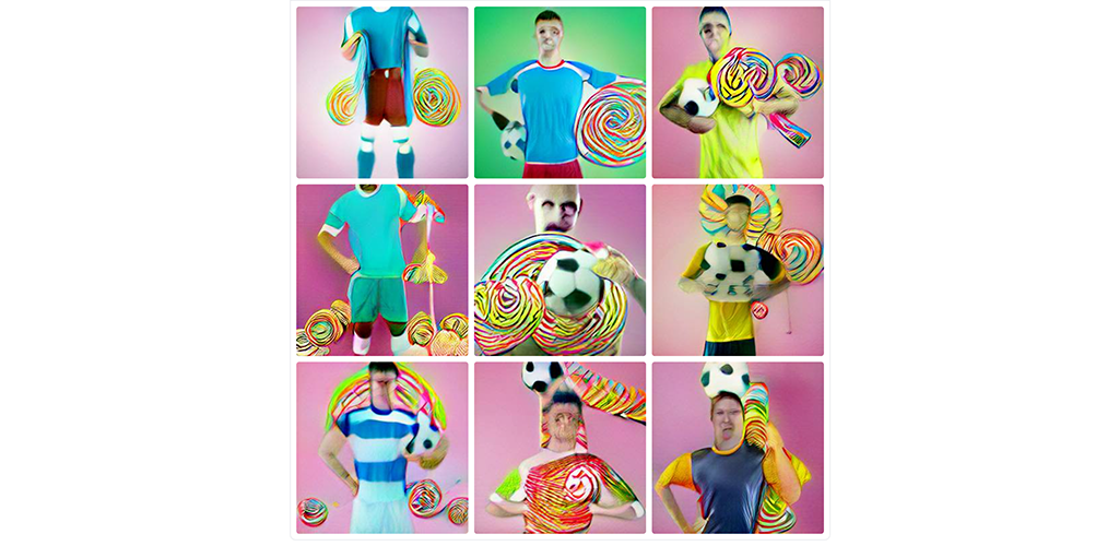 Footballer showing clothes in candy background, op basis van AI door DALL-E Mini