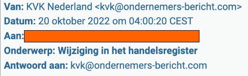 Screenshot uit mijn inbox waarbij een e-mail is te zien die lijkt te zijn verstuurd namens de Kamer van Koophandel, maar het e-mailadres een totaal andere url heeft.
