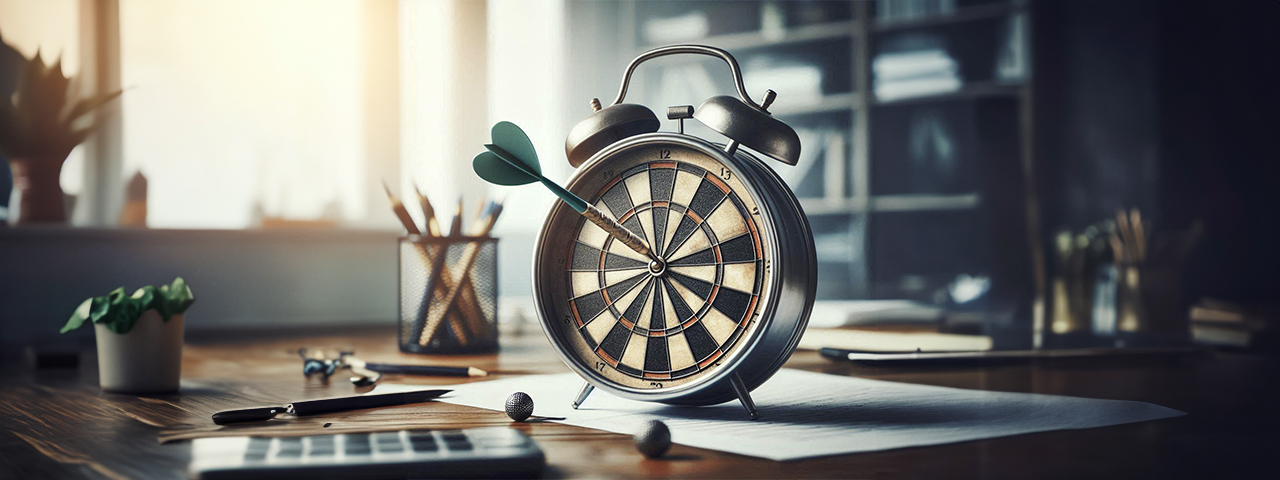 Een bureau met daarop een wekker die precies in het middel een dartpijl heeft zitten, om zo 'perfecte timing' uit te beelden.